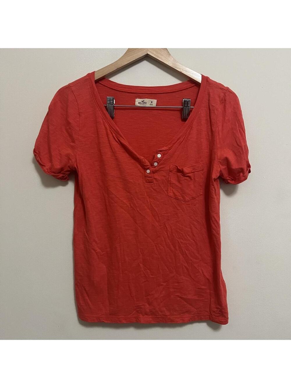 Hollister Red Henley V Neck Short Sleeve T-Shirt with Chest Pocket, Size M